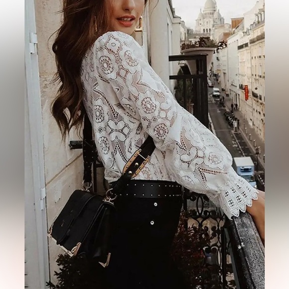 NWT Solid Lace Blouse, Elegant Vintage Semi-Sheer High Neck - Picture 3 of 5